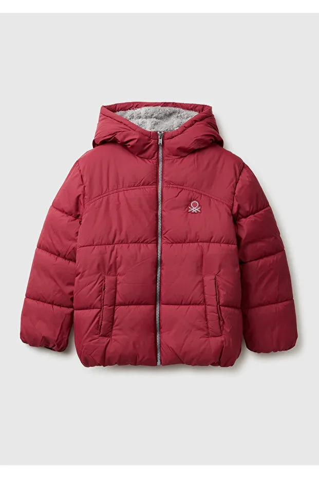Boys Black Puffer Jacket with Logo Patch on Left Chest and Front Pocket Detail