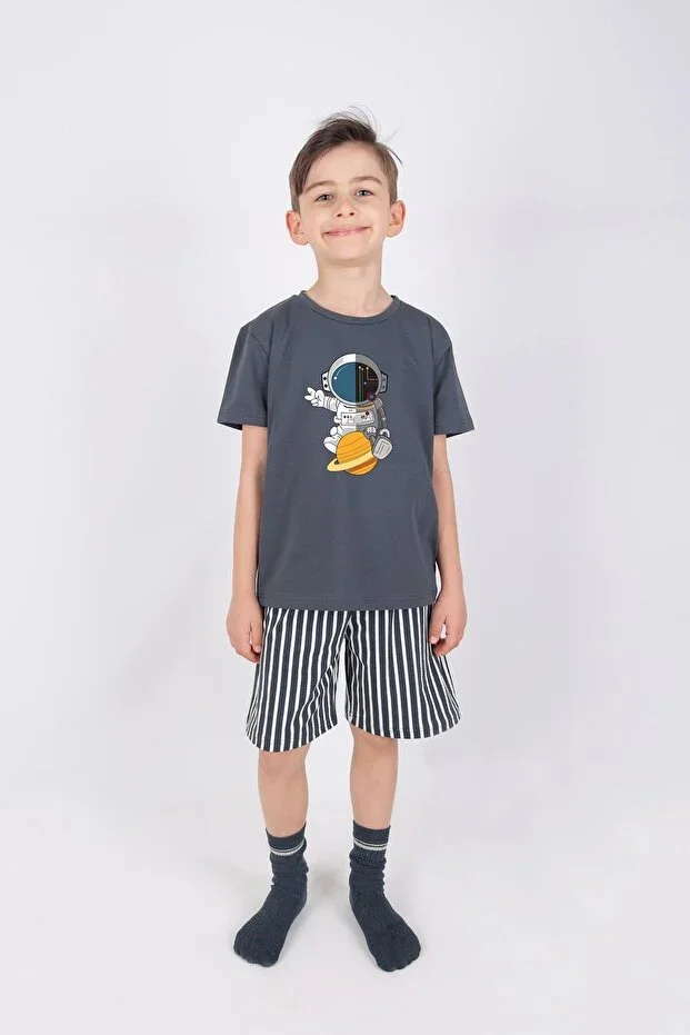 Boys Cotton Short Sleeve Top Astronaut Print Striped Bottom Shorts Set