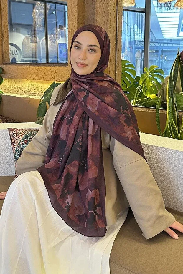 Batik Flower Pattern Bamboo Scarf Dark Burgundy