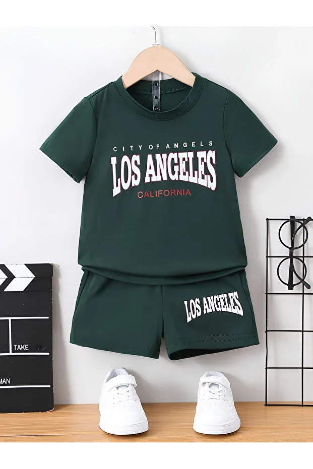 Los Angeles California Printed Dark Green Kids T-Shirt-Shorts Set - Kids Summer Crew Neck