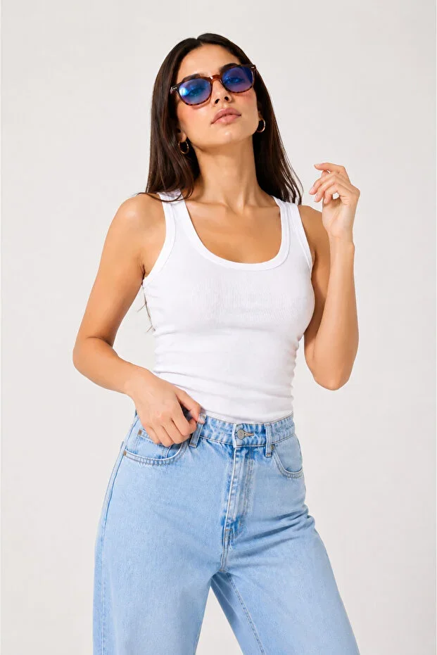 Women's Ribbed Thick Strap Basic White Tank Top