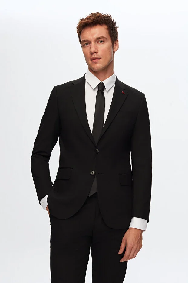 Ds Damat Slim Fit Black Plain Lycra Flexible Mono Collar Lined Suit