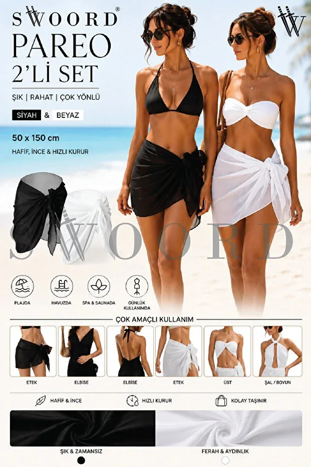 Swoord Sparrow 2-Piece Black and White Pareo Set 150x50 Cm