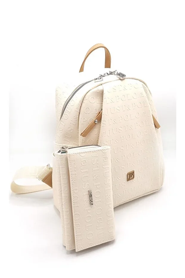 Women's Cream 9 Compartment Backpack and Wallet Set Gift