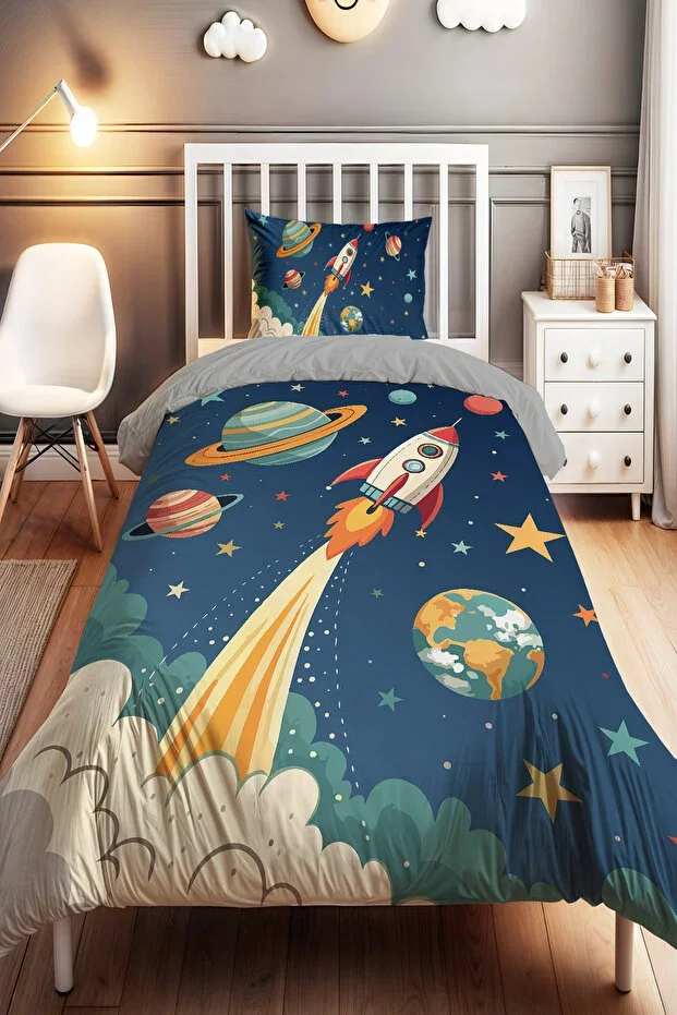 Blue Space Journey Pattern Single Baby Children Duvet Cover Set