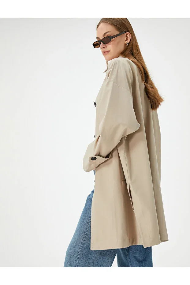Koton Crossover Oversize Trench Coat with Buttoned Pocket Detail