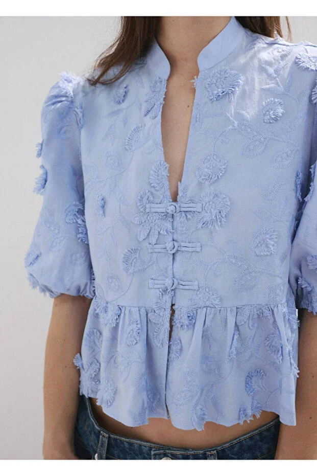 MANGO Embroidered puff-sleeve blouse