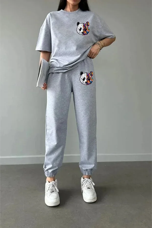 COPY - Panda Printed Sweatpants And T-shirt - Jogger T-shirt Bottom Top Sweatpants Set Round Neck