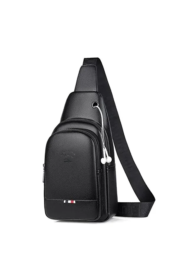 Men's Black Vegan Leather Crossbody Bag with Headphone Output, Waist Bag, Daily Bag