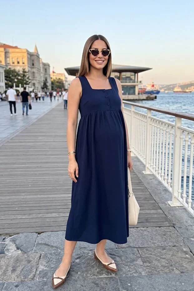 Miss Dünya Lissa Square Neck Buttoned Sleeveless Woven Maternity and Postpartum Dress