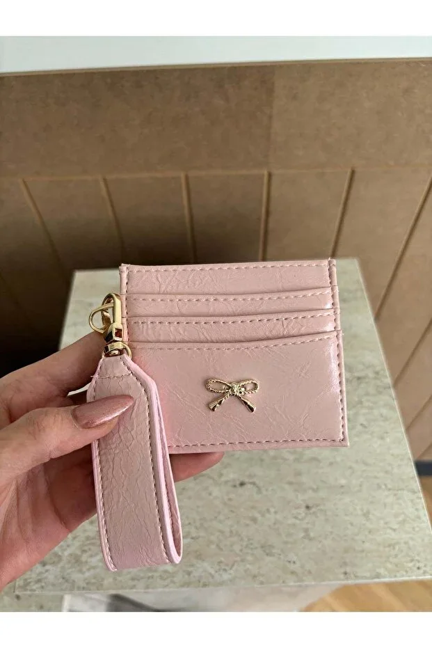 Women's Bow Detail Cardholder with Keychain Shiny Faux Leather