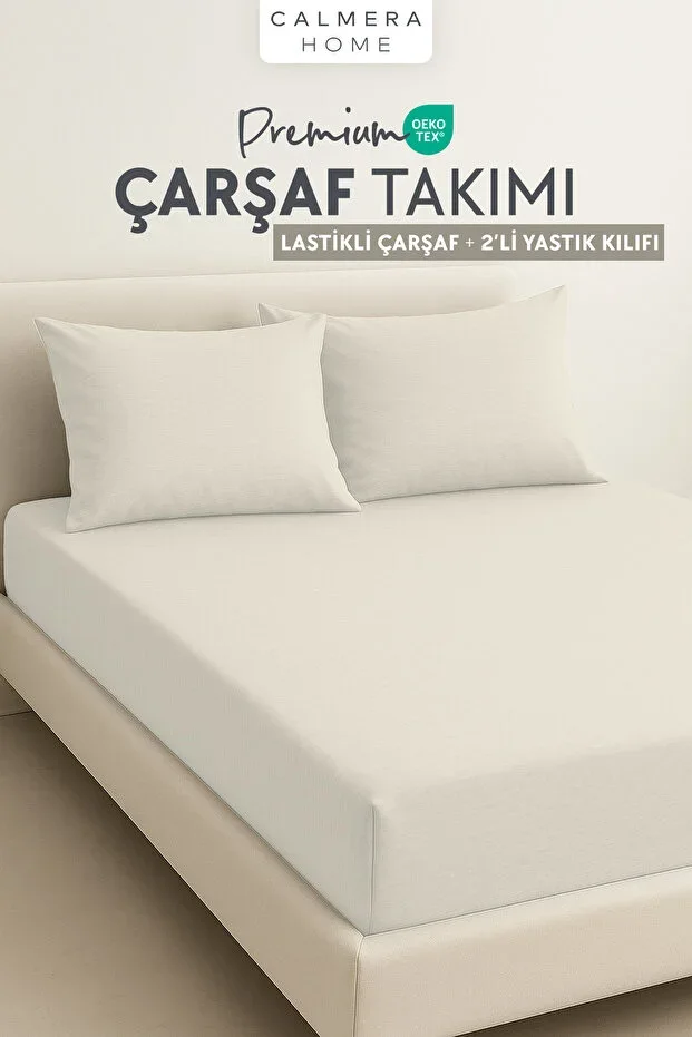 %100 Cotton Combed Elastic Fitted Sheet Set + 2 Pillowcases | Double/King Size - Ecru