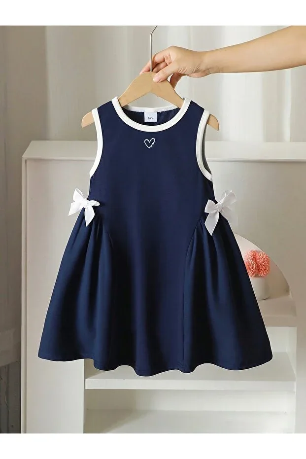Girls Navy Dress White Trim Heart Print Bow Detail Summer Dress (3-12 Years)