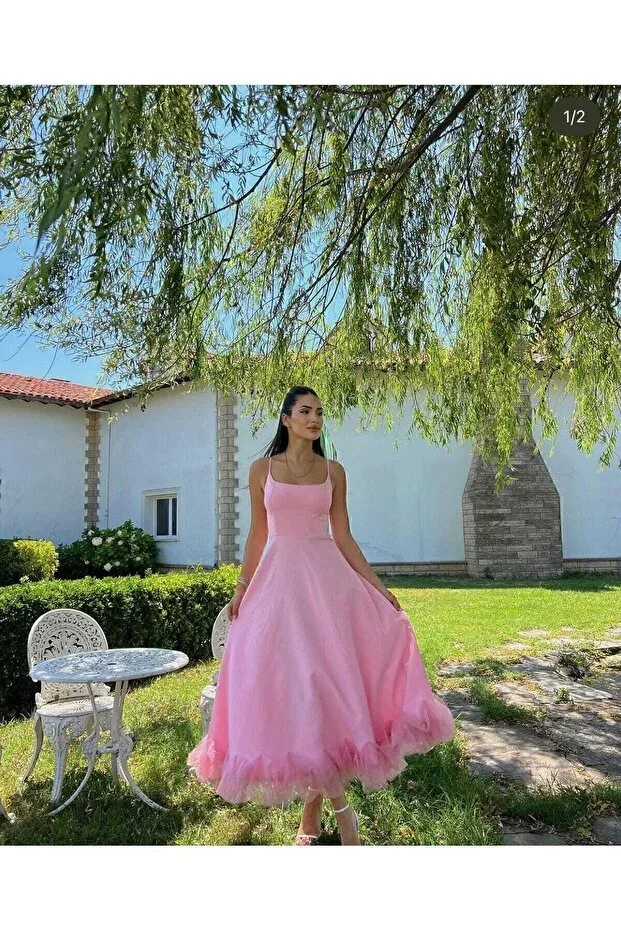 MODA DURAĞI Quality Premium Women's Skirt Tulle Detailed Strappy Midi Dress Evening Dress Premium