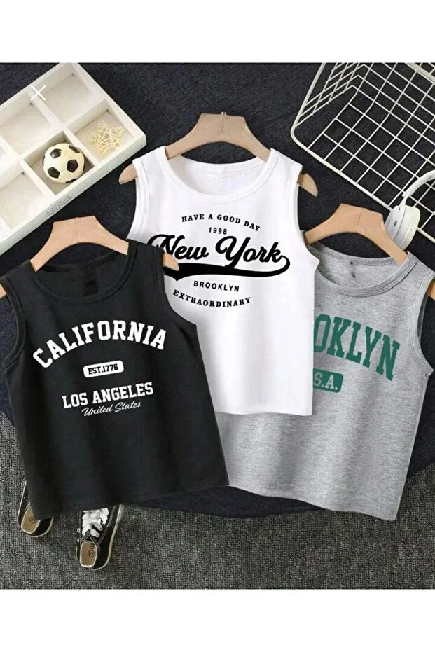 Boys Sleeveless White-Gray-Black California-NewYork-Brooklyn Printed Jersey T-shirt