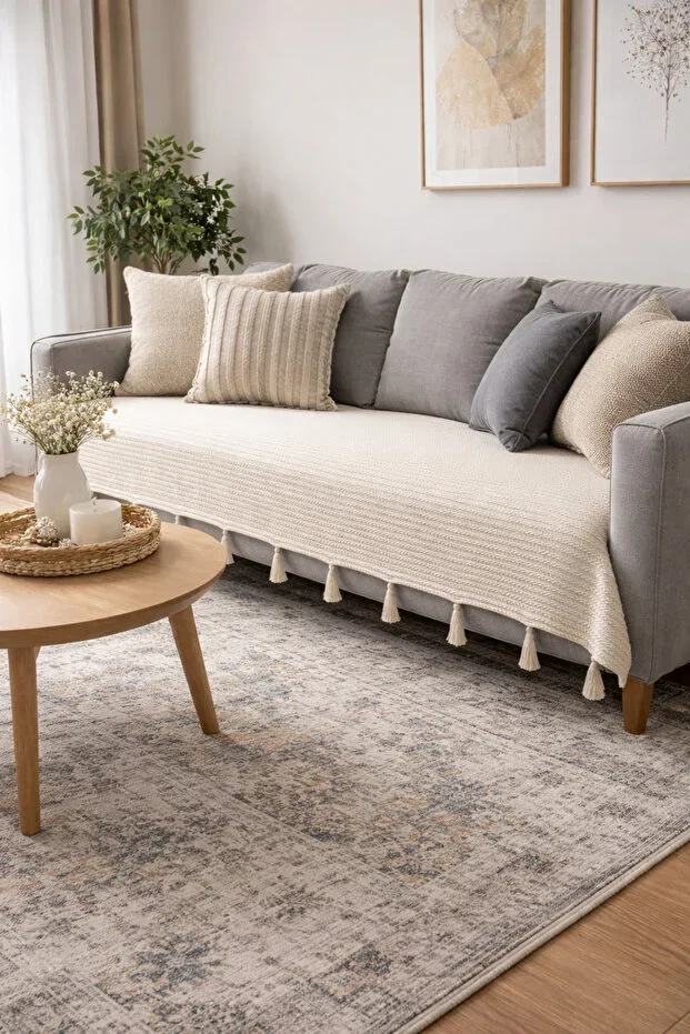 Tassel Shawl Model Armchair Cover Beige 230x100 | 100% Cotton Knit, Non-Slip, Decorative Home Textile
