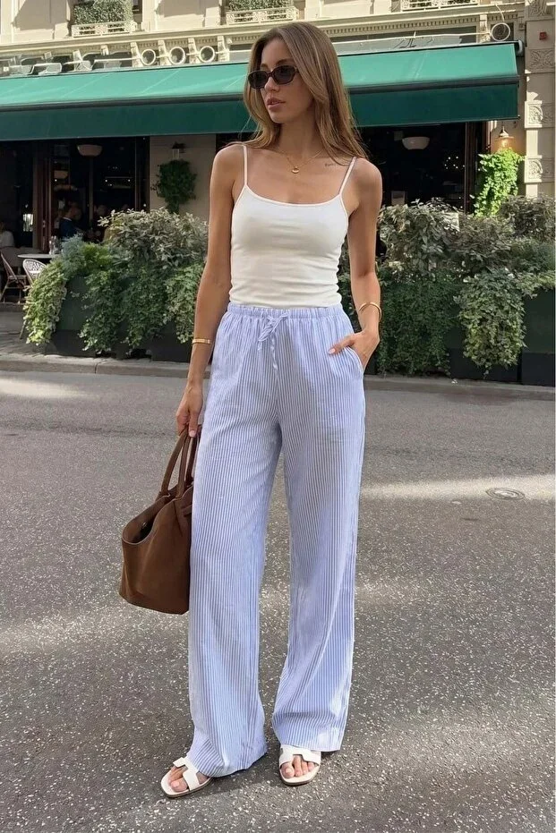 Madmext Blue Adjustable Waist Wide Leg Flowy Striped Trousers MG2087