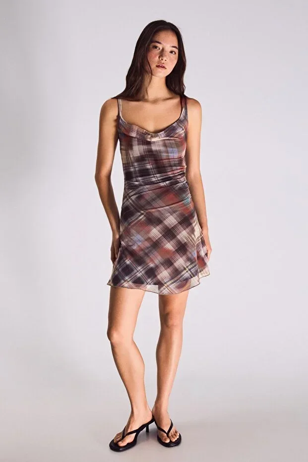Bershka Plaid Tulle Mini Dress