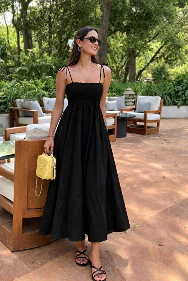 oshebu Cotton Long Summer Women's Dress - Shoulder Tie Strap Shirred Unlined
