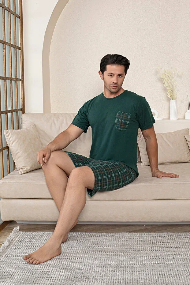 Men's Cotton Green Plaid Short Sleeve Shorts Pajama Set