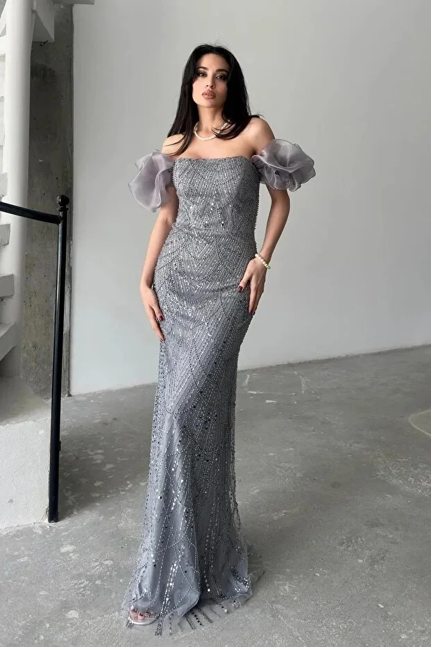 Feminist Stone Embellished Balloon Sleeve Evening Dress Grey 0801053