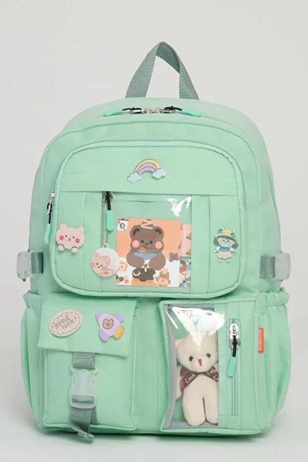 Kawaii Korean Style School Bag with Accessories for Girls and Boys, LIGHT AQUA GREEN
