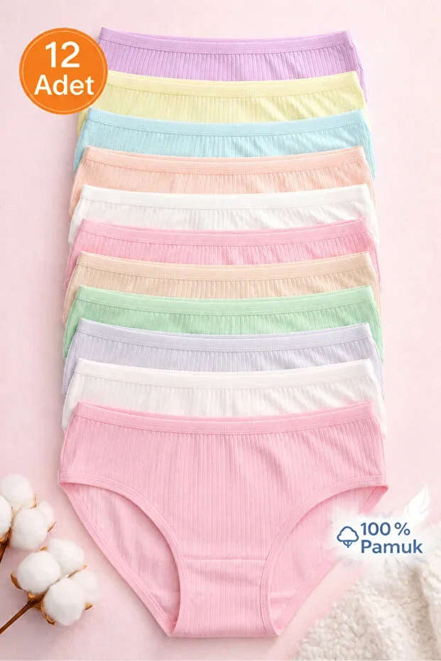 Ultra Comfortable 100% Cotton Ribbed Girls' Underwear 12 Pieces