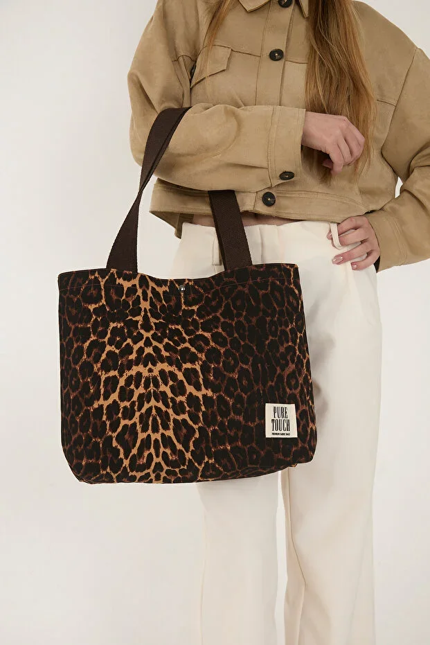 Canvas Bag, Washable, Lined, Magnetic, Inner Pocket, Brown, Leopard Print