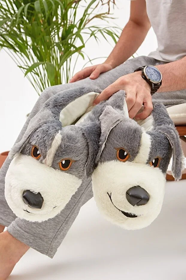 Mdes Grey Animal Silent Sole Slipper Cute Dog Figurine Plush House Shoe
