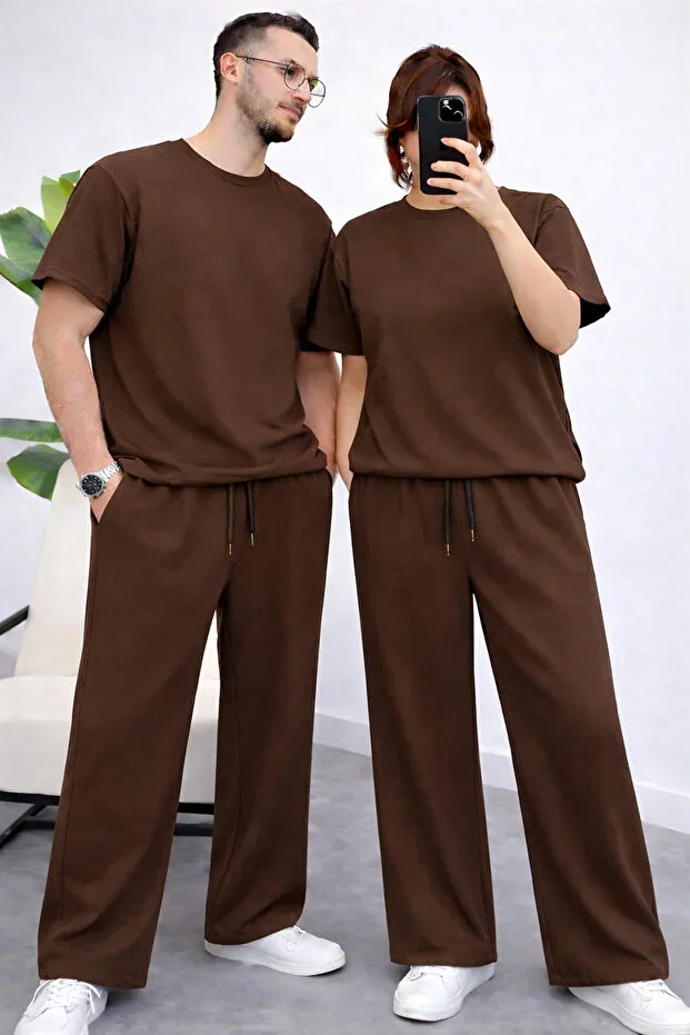 YAKAMEL Unisex Short Sleeve Tracksuit (Single) Elastic Waist Wide Leg