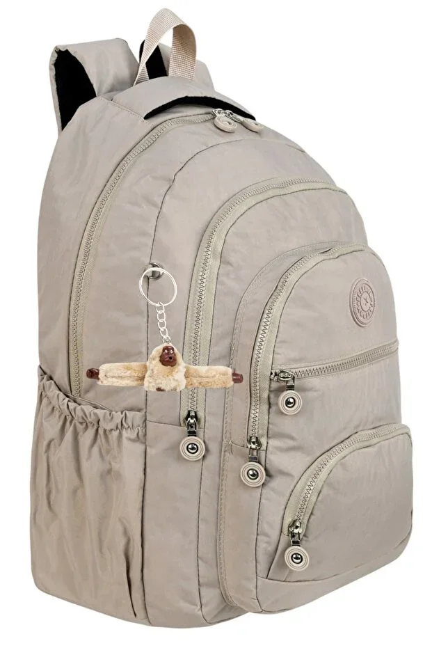 5 Compartment Luxury Crinkle Fabric High School and Middle School Backpack + Monkey Keychain Gift