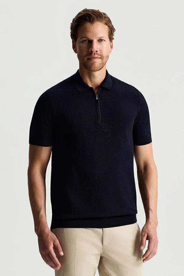 Pure Cotton Zipper Collar Navy Blue Knit Polo