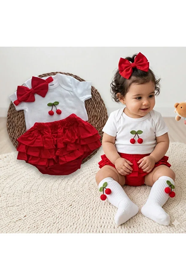 Baby Girl Red Pompon Cherry Ruffle Shorts Skirt Bodysuit Socks Set