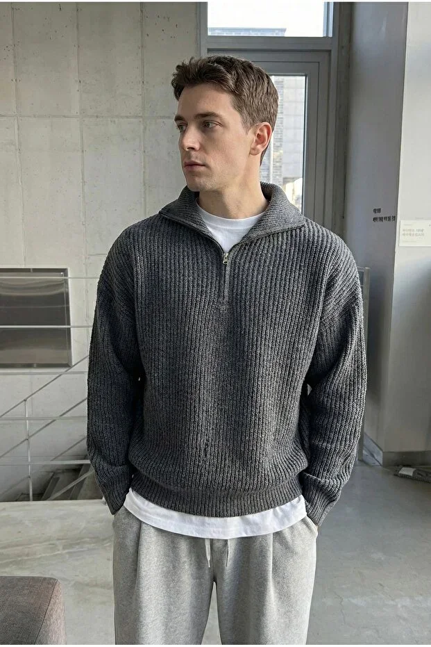 Füme Men's Oversize Zippered Fisherman Knit Sweater