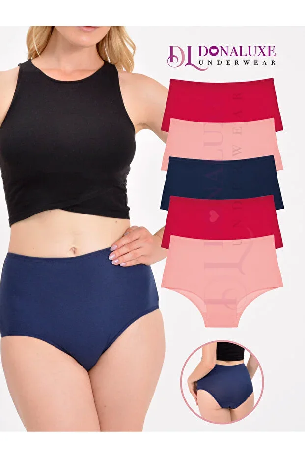 Women's High Waist Burgundy Salmon Navy Cotton Soft Fabric 5-Pack Panties