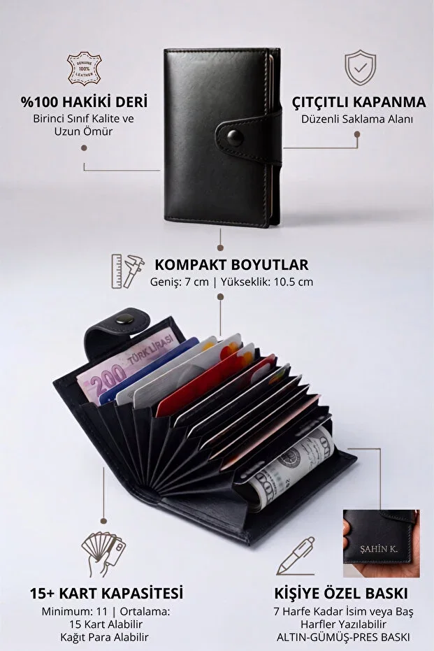 Name Printed Genuine Leather Snap Accordion Card Holder & Wallet & Portfolio Black