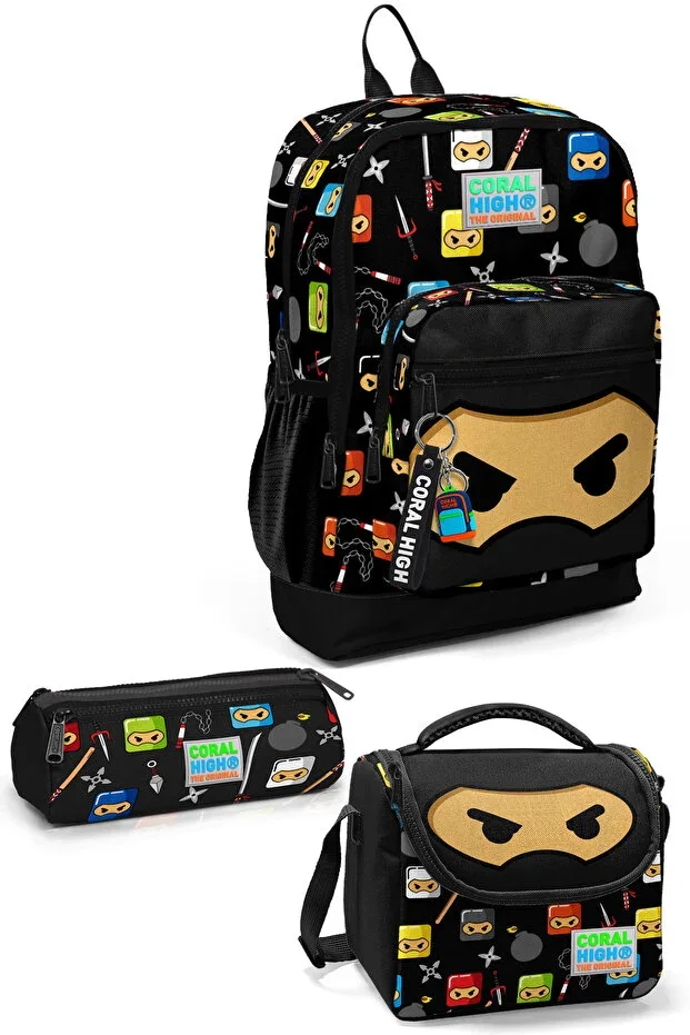 Kids Four Compartment Ninja Patterned 3-Piece School Bag Set