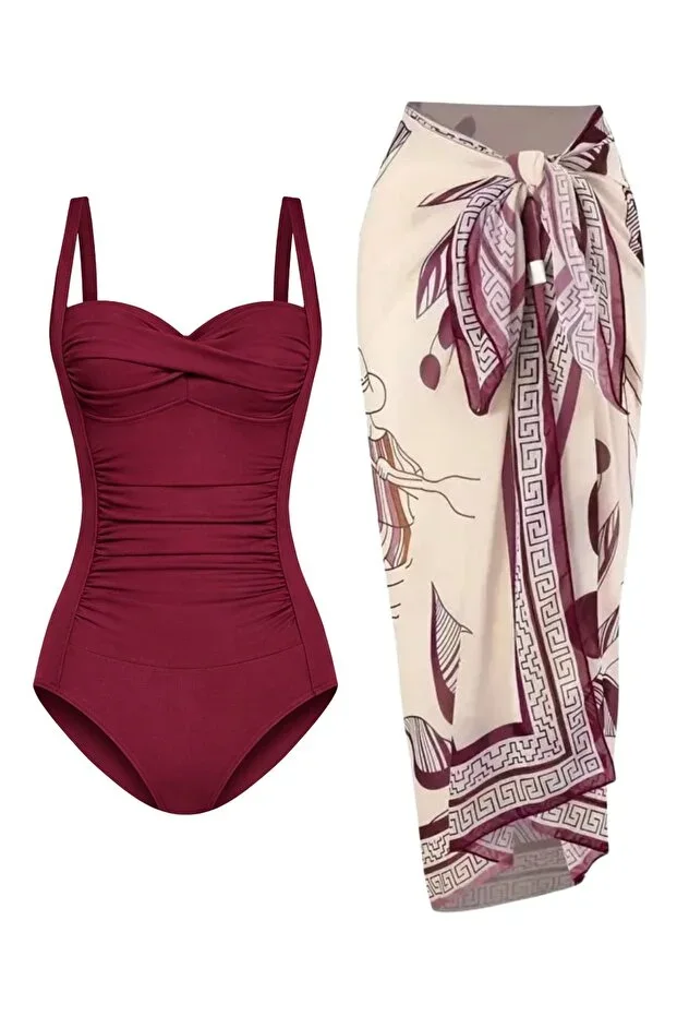 French Inspired Tummy Control Draping Swimsuit Pareo 2-Piece Set Adjustable Straps, Chic and Slimming Effect