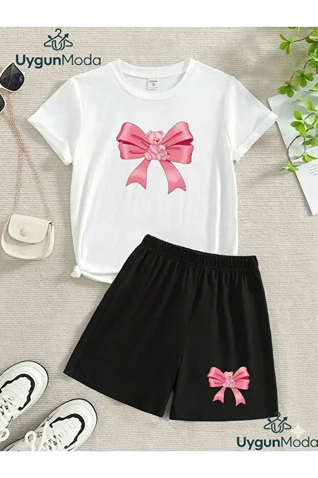 PINK RIBBON PRINT T-SHIRT SHORTS SUMMER TOP-BOTTOM KIDS SET
