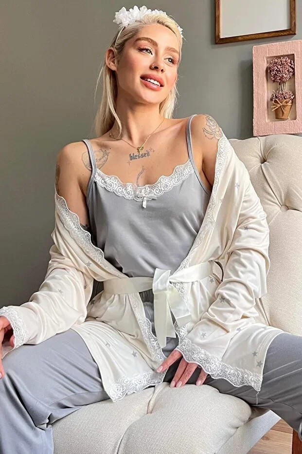 Cream Grey Star Patterned Bamboo Robe Women's Pajama Set