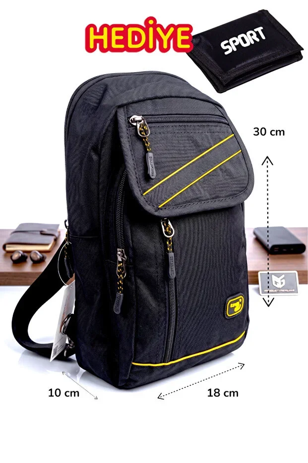 18X30 CM Cross Shoulder Chest Waterproof Bag with Strap Unisex Sport Wallet Gift Black Bag with Yellow Stripe 4926 (GIFTED)
