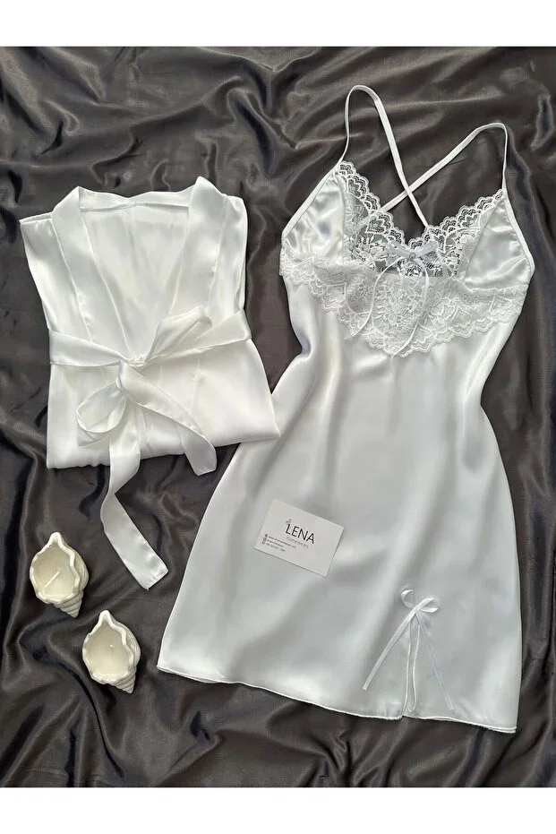 Saten Two-Piece Cream Nightgown Robe Set