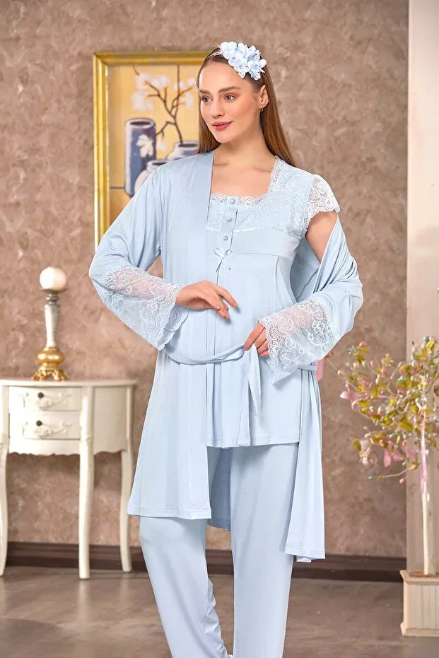 Emose Lace Robe Maternity Pajama Set Blue