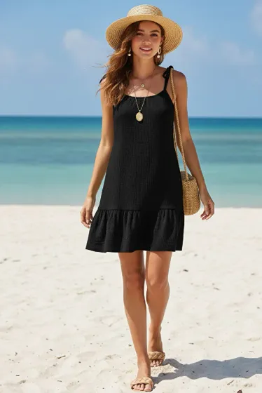 Women's Black Strappy Loose Fit Ruffled Beach Dress