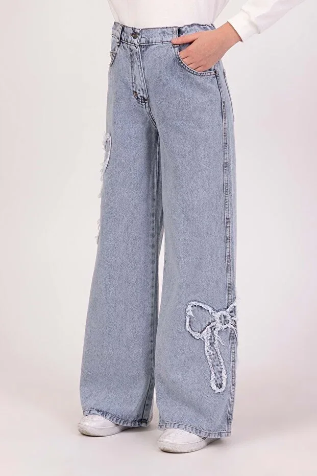 DMB BOYS & GIRLS Ribbon Bow Embroidered Girls' Jeans Soft Texture Wide Leg Loose Leg Jeans