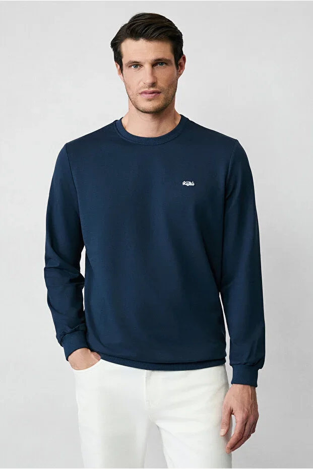 Crew Neck Regular Fit Embroidered Basic Thin Sweatshirt