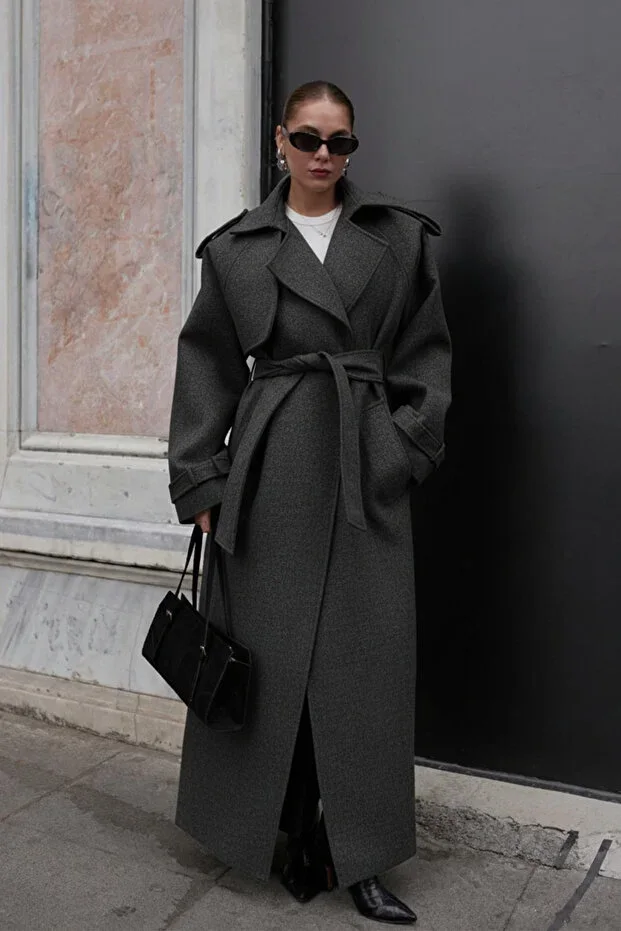 Epaulet and Piece Detailed Lined Premium Quality Comfortable Fit Belted Women's Cachet Coat Jacket