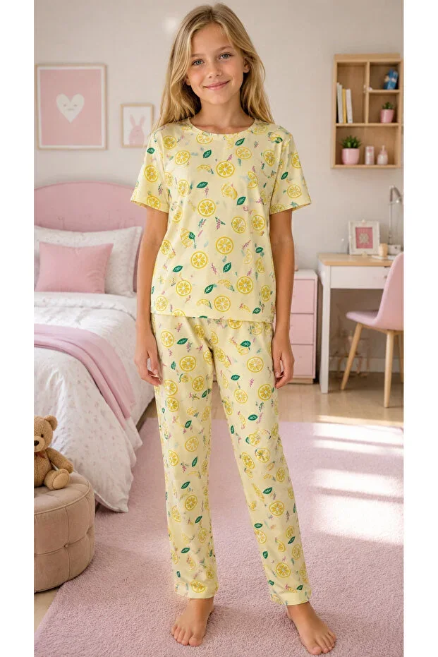Girls' Lemon Print Short Sleeve Pajama Set