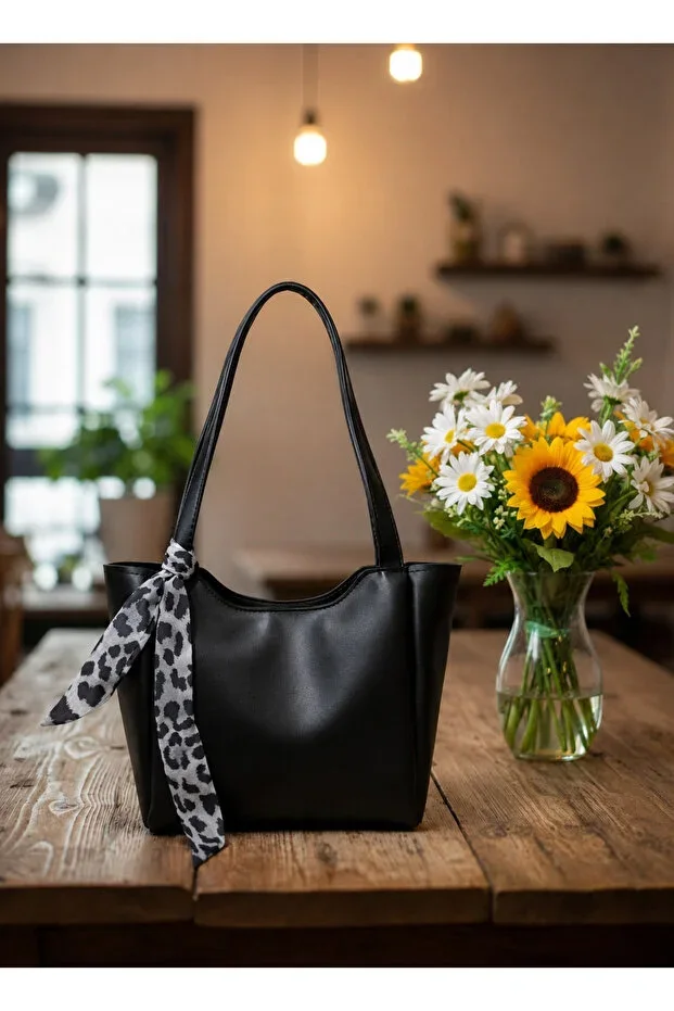 BLACK Women's Scarf Detail Zipper Closure Shopper Handbag and Shoulder Bag