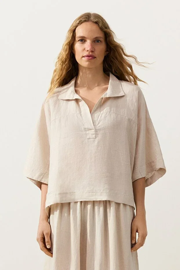 Oysho Oversize 100% Linen Short Sleeve Shirt